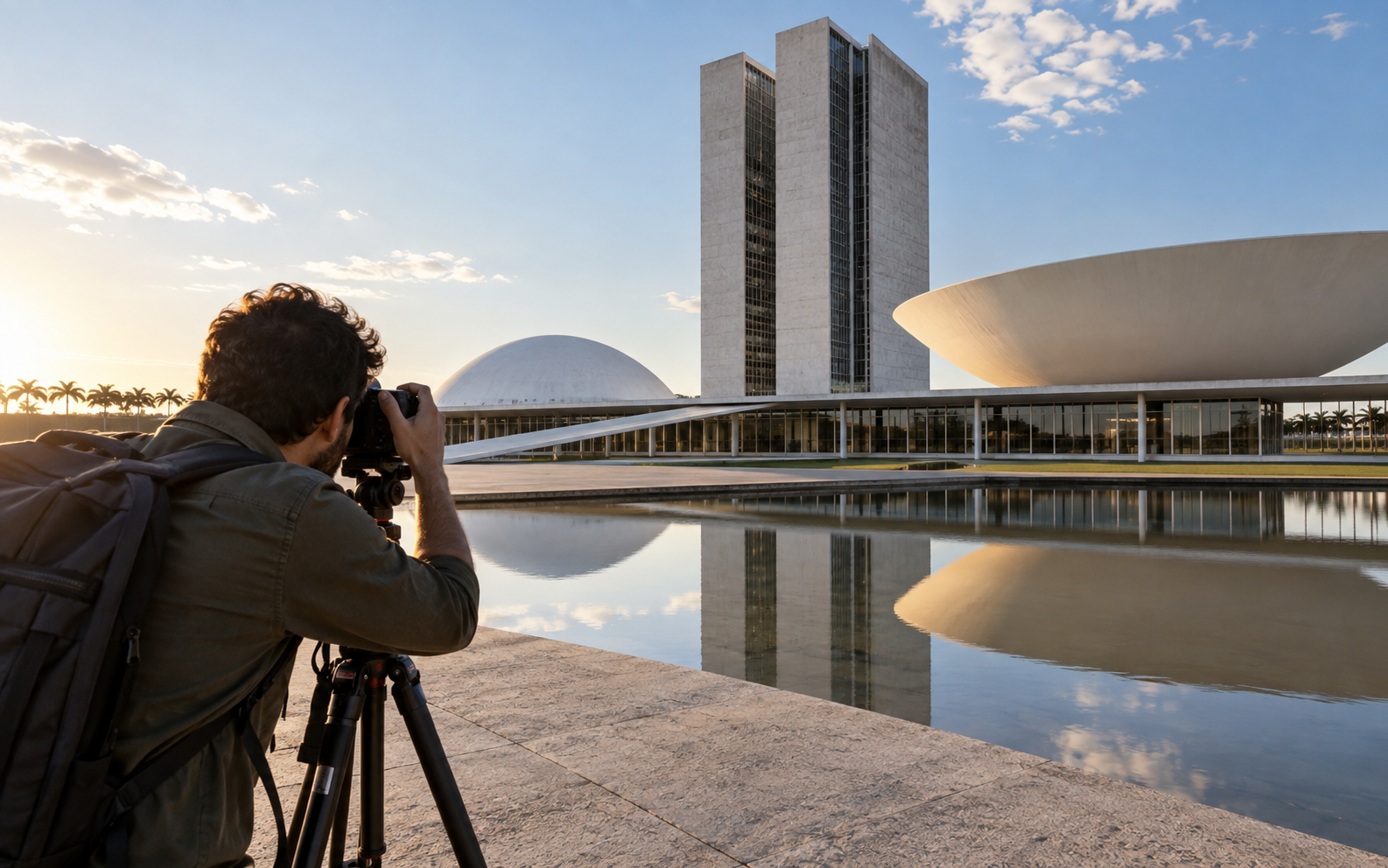 Fotógrafo enquadrando arquitetura urbana com linhas precisas