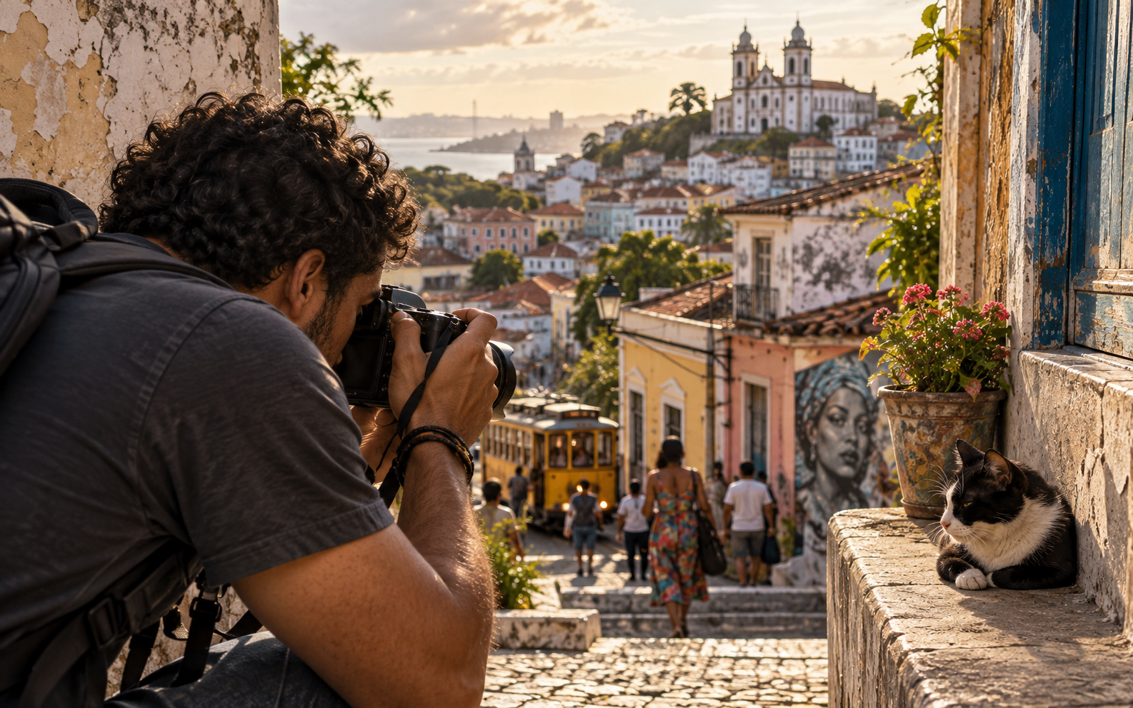 Fotógrafa buscando cenas urbanas autênticas em uma cidade brasileira