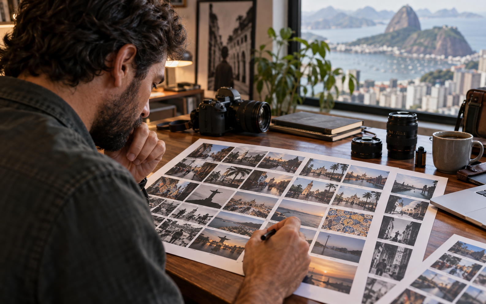 Fotógrafo revisando uma seleção de imagens urbanas antes da curadoria