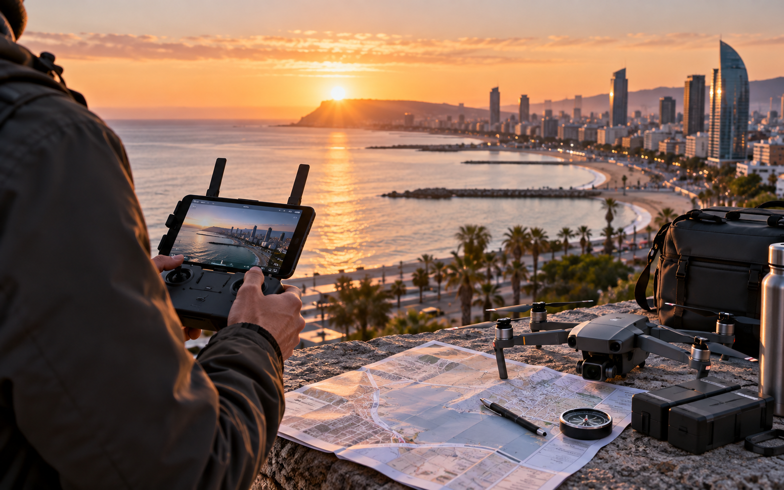 Operador de drone planejando uma captação urbana