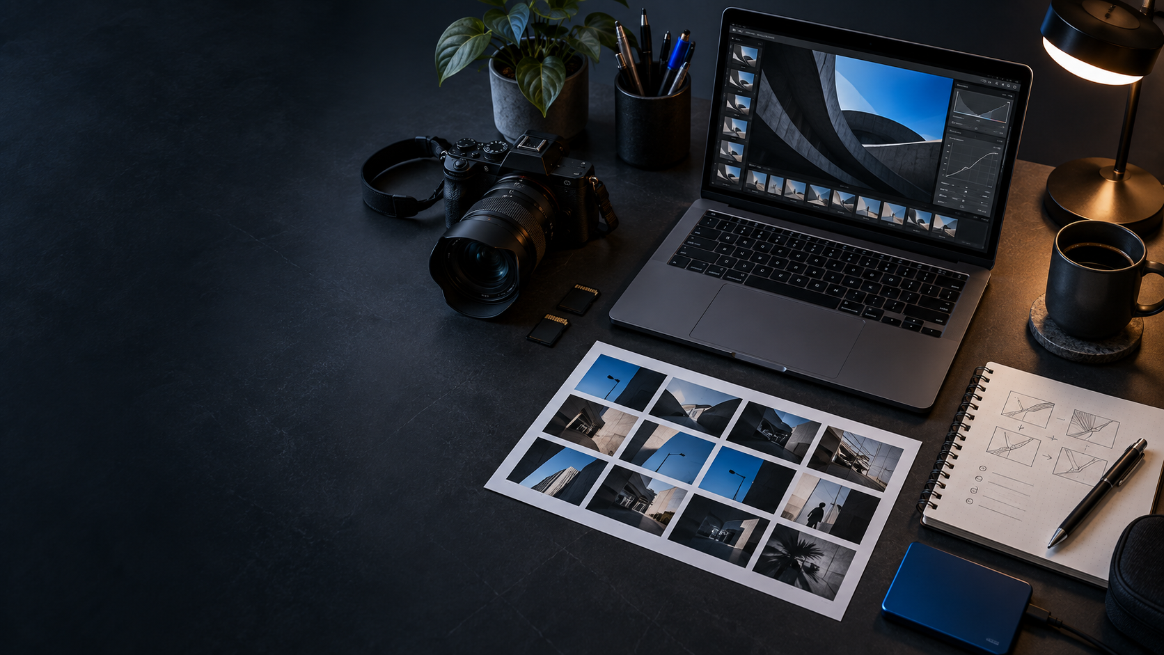 Mesa de trabalho com câmera, edição de imagens e planejamento de conteúdo