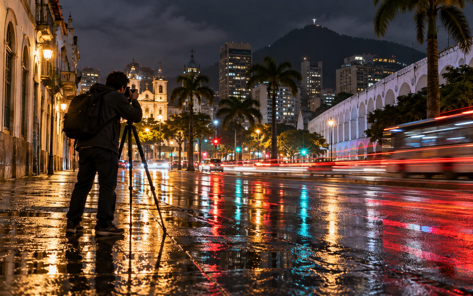 Captação noturna de cidade com tripé e iluminação urbana