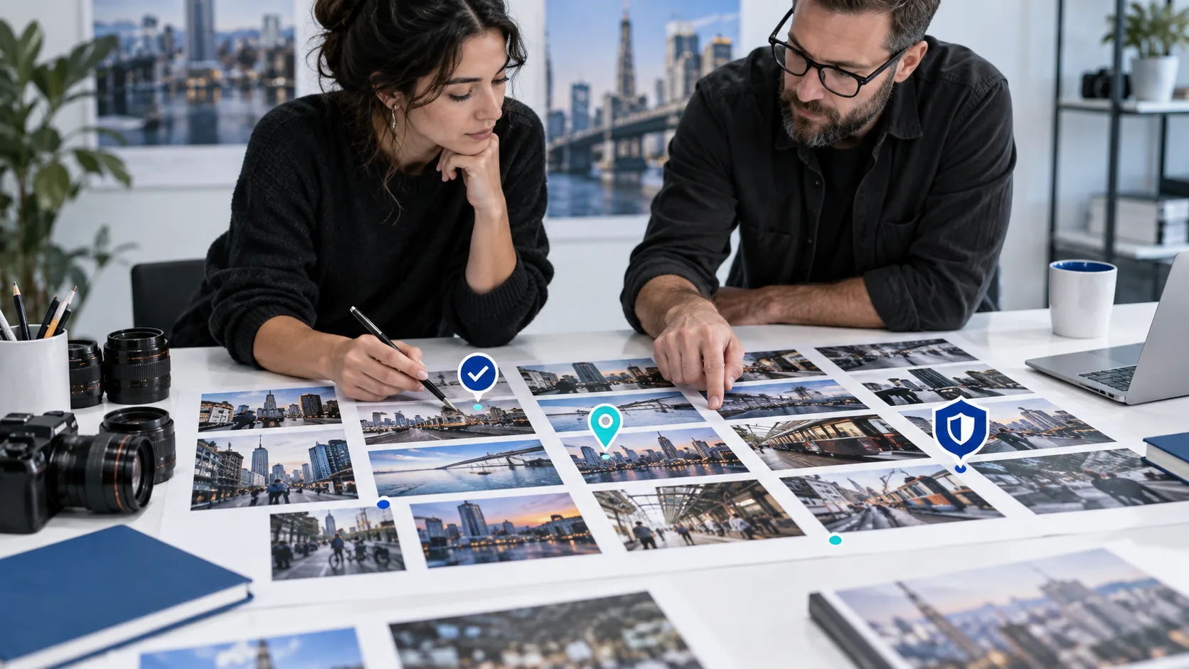 Duas pessoas fazendo a curadoria de fotos de cidades