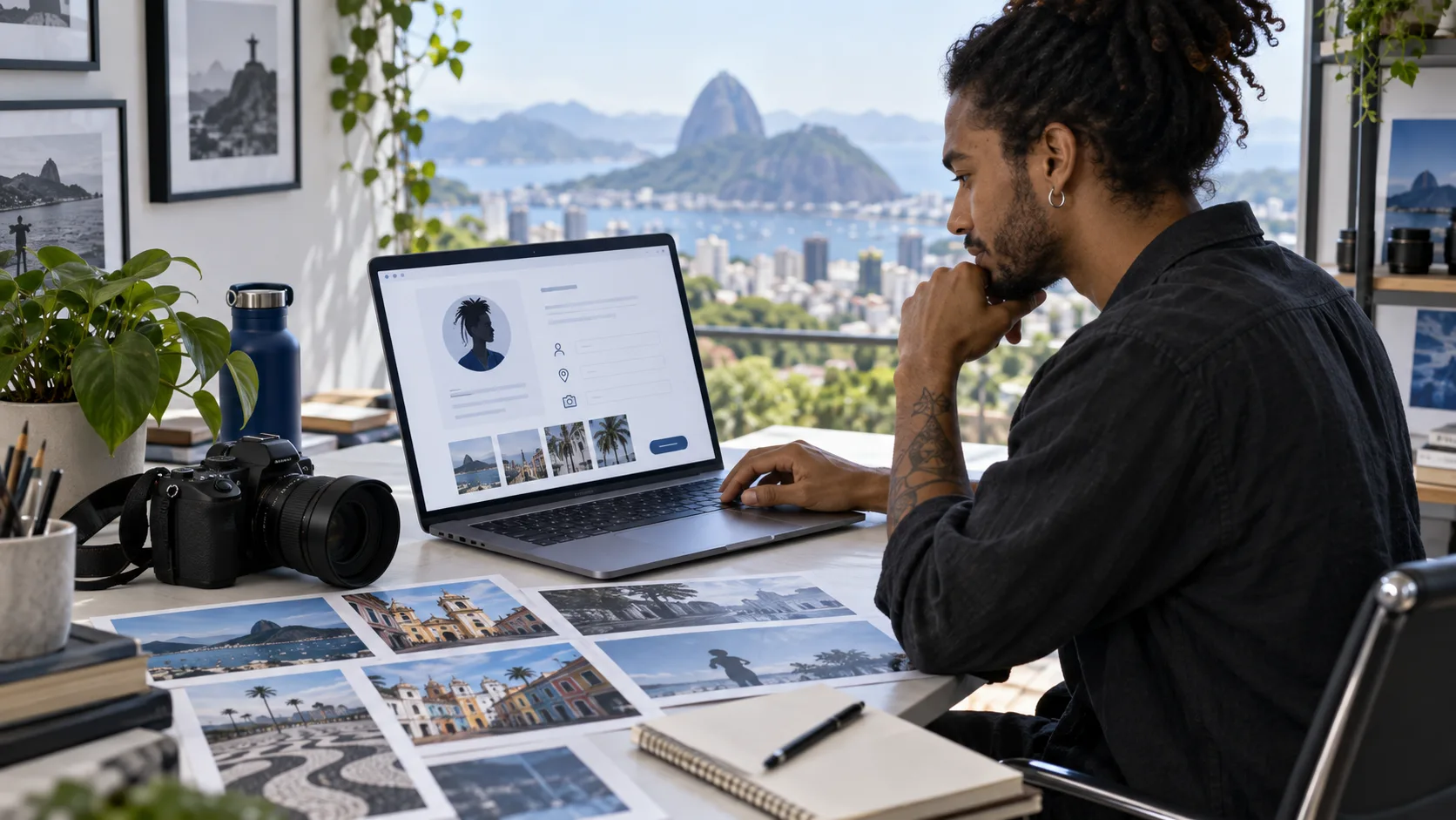 Criador preparando seu perfil em uma plataforma de imagens de cidades