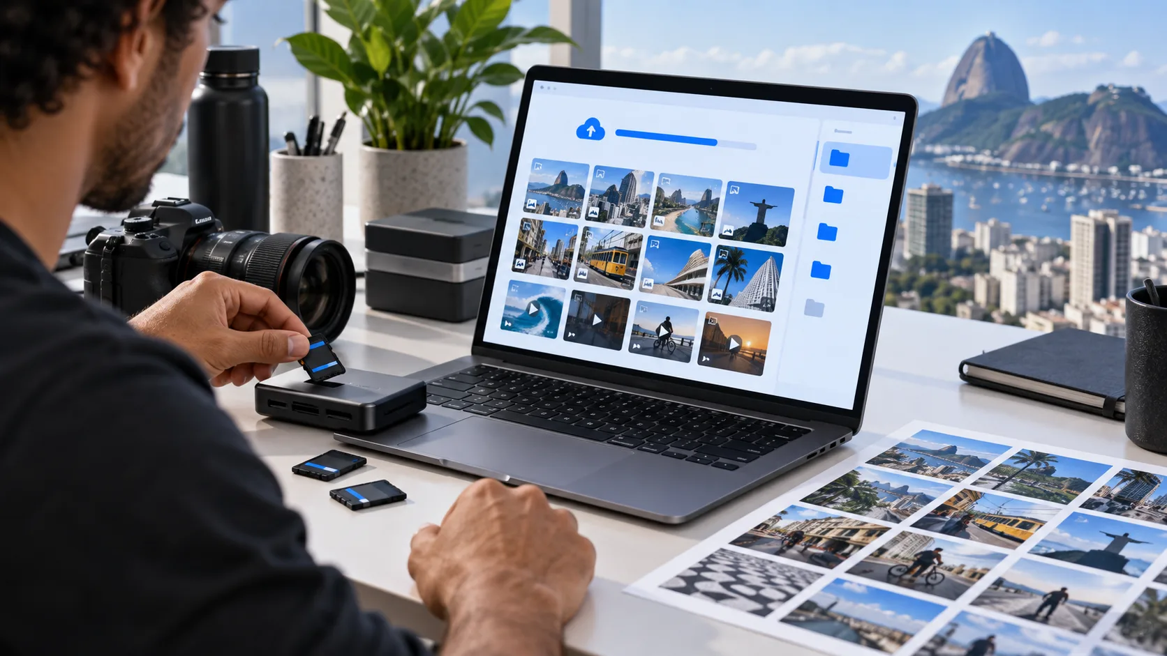 Criador enviando fotos e vídeos de cidades para uma plataforma